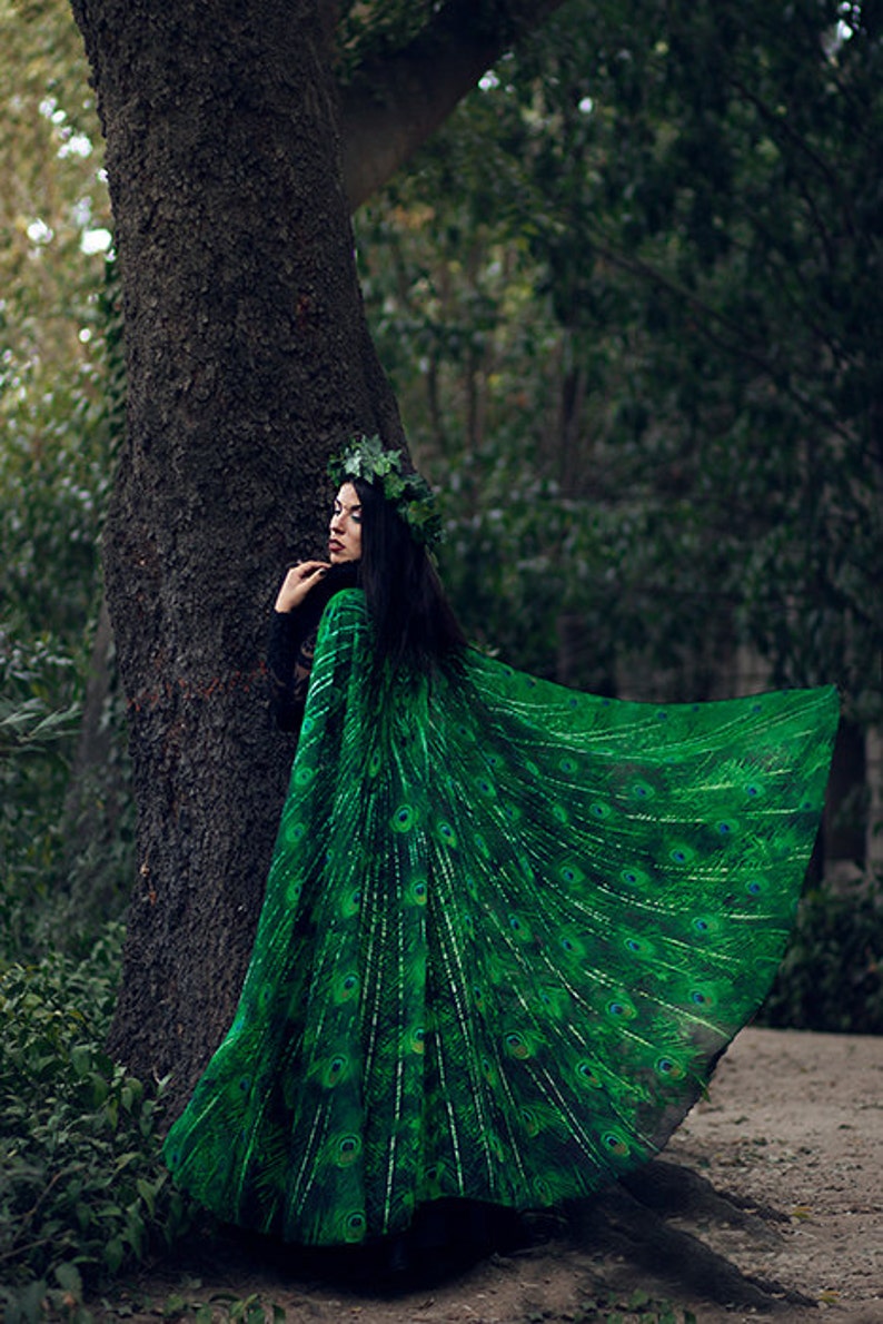 Cape peacock scarf Bohemian clothing cloak feathers print green sarong bird Festival Clothing image 4