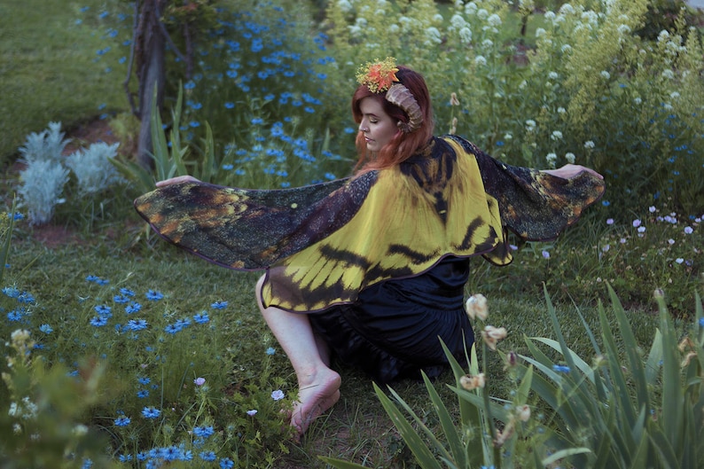 Death's Head Moth butterfly cape chiffon yellow cloak dance wings costume short small fairy image 1