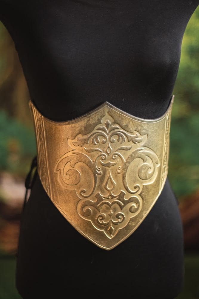 Handcrafted Leather Metal Costume Belt Hammered Gold-Finish Plate Retro Cosplay Handmade Leather Medieval Belt: Larp Cosplay Reenactment  main image 3