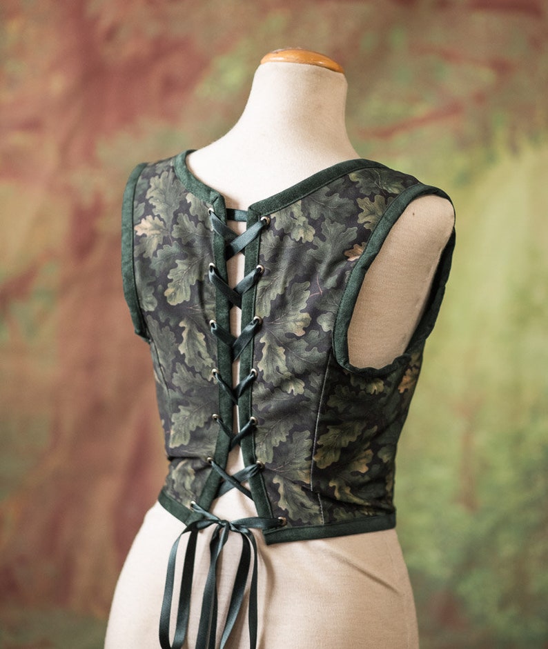 Renaissance bodice, Oak leaves cottagecore style corset vest, Druid dnd Wench regency steampunk imagem 5
