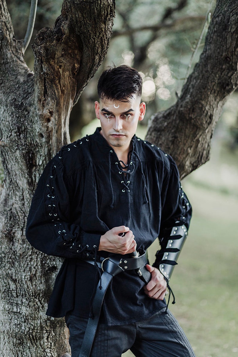 Steampunk Renaissance Fantasy Medieval Renaissance Costume Cosplay larp Men shirt Pirate black Cotton Shirt