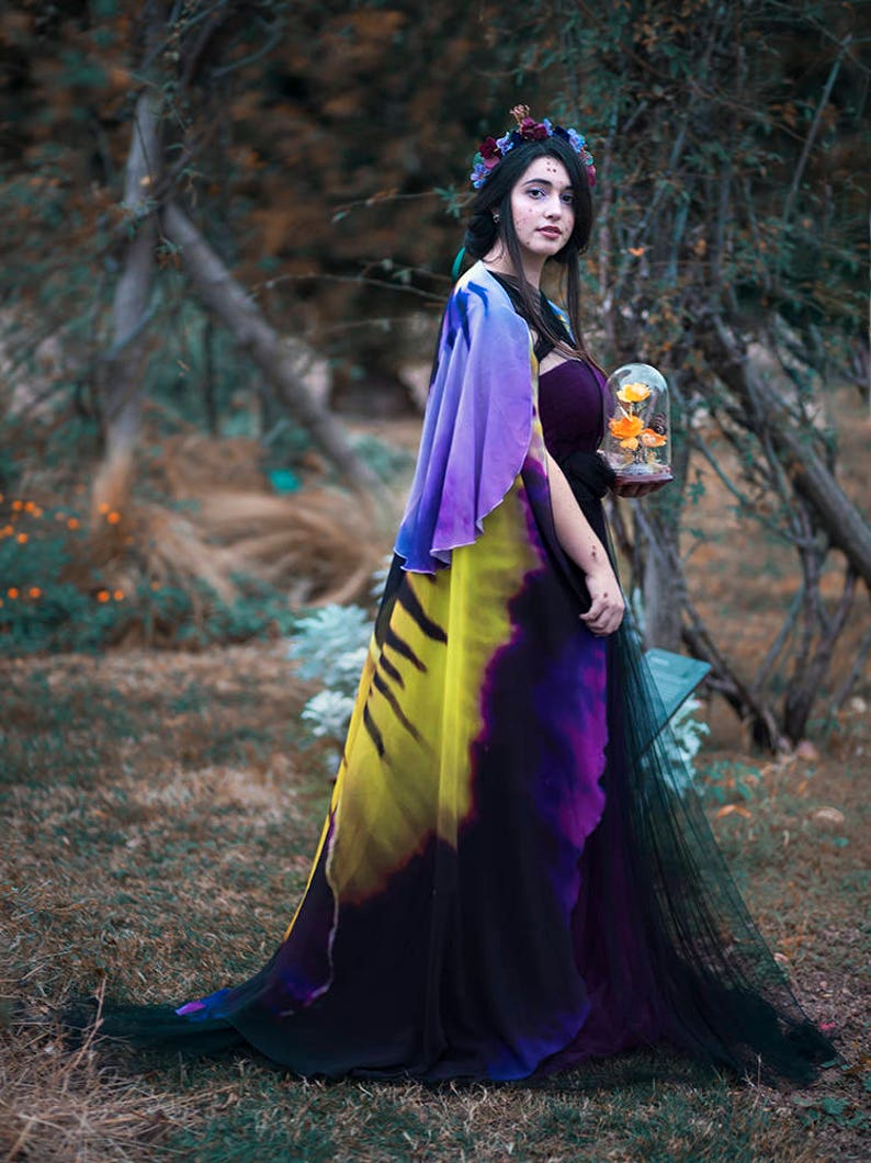 Flower cape floral cloak Pansy scarf shawl purple and yellow poncho convertible skirt image 9