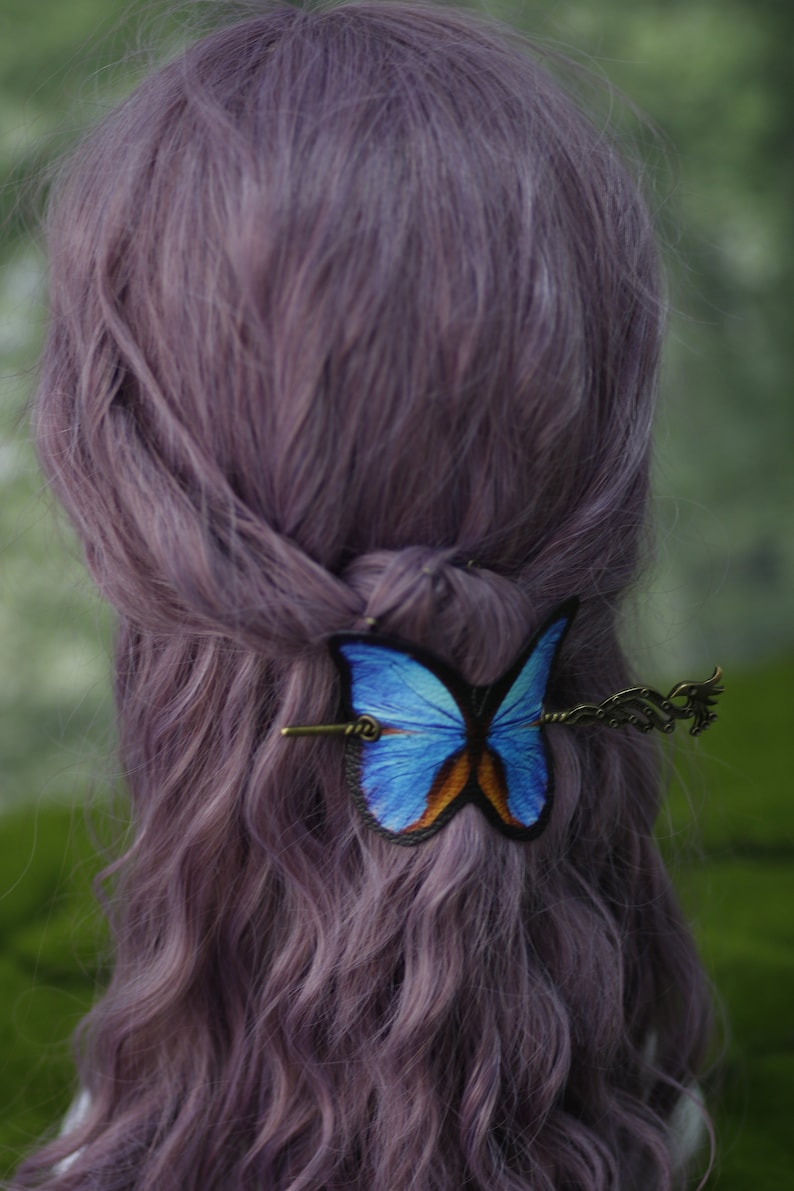 Blue Butterfly Hair Barrette in Vegan Leather blue morpho Autumn whimsical accessory head piece woodland cottagecore image 2