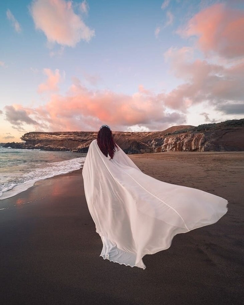 Wedding bridal cloak white ivory cream vanille chiffon polyester cape with hood handfasting Medieval Wedding Cape image 2