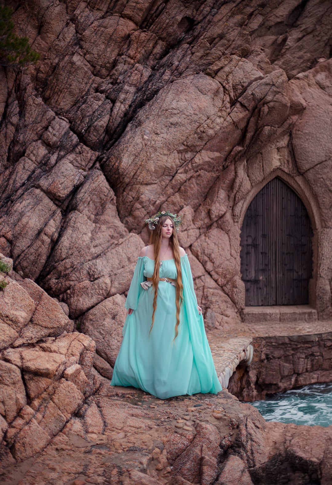 Princess dress turquoise green algae Woman chiffon dress Mermaidcore marine ocean, Long Sleeves