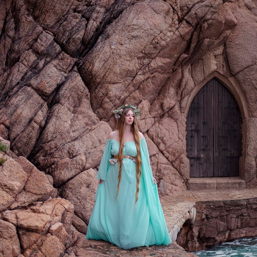 Princess Dress Turquoise Green Algae Woman Chiffon Dress Mermaidcore Marine Ocean, Long Sleeves
