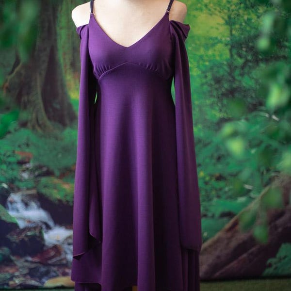 Purple Rayon Elven Dress, Fairycore Adjustable Clothing