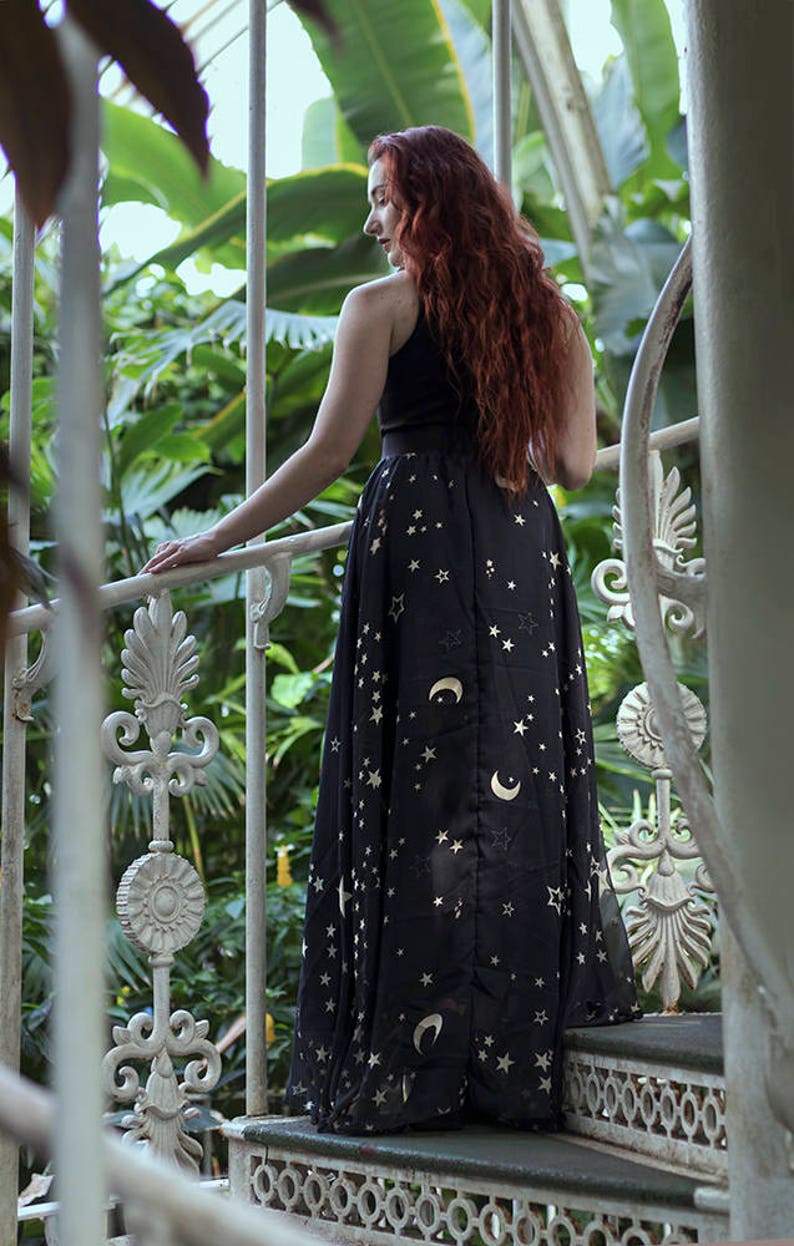 Stars & Moons Print Maxi Skirt Whimsigoth , Long Skirt Fairy Fantasy, Dark, Celestial Fashion Gothic, Black, stars, costume dance boho image 9