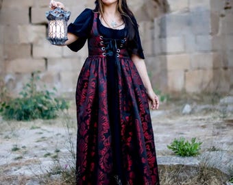 Overdress, red brocade dress, medieval vampire