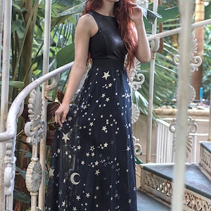 Stars & Moons Print Maxi Skirt Whimsigoth , Long Skirt Fairy Fantasy, Dark, Celestial Fashion Gothic, Black, stars, costume dance boho image 2