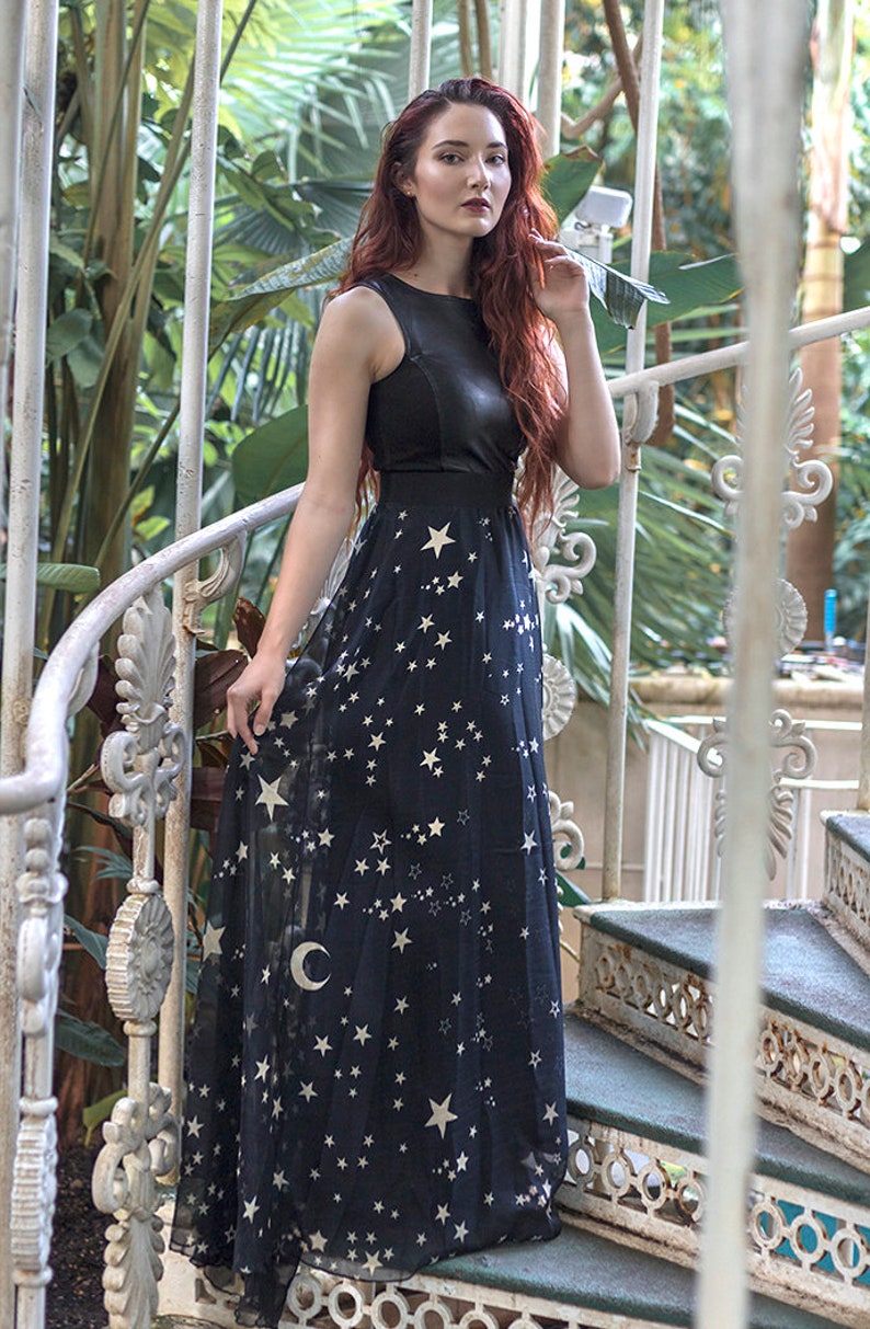 Stars & Moons Print Maxi Skirt Whimsigoth , Long Skirt Fairy Fantasy, Dark, Celestial Fashion Gothic, Black, stars, costume dance boho image 2