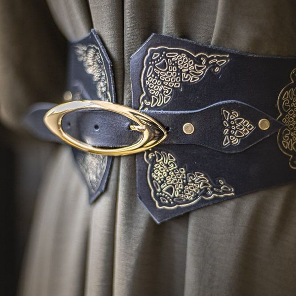 Pirate leather belt black and gold Prince Renaissance , LARP king elven belt adjustable corset belt leather