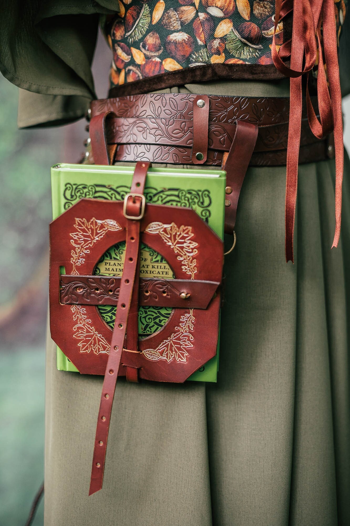 Book Holder - larp leather book bag -  book lover gift - waist book Holster - Book of shadows - spell book - witchcraft gold brown