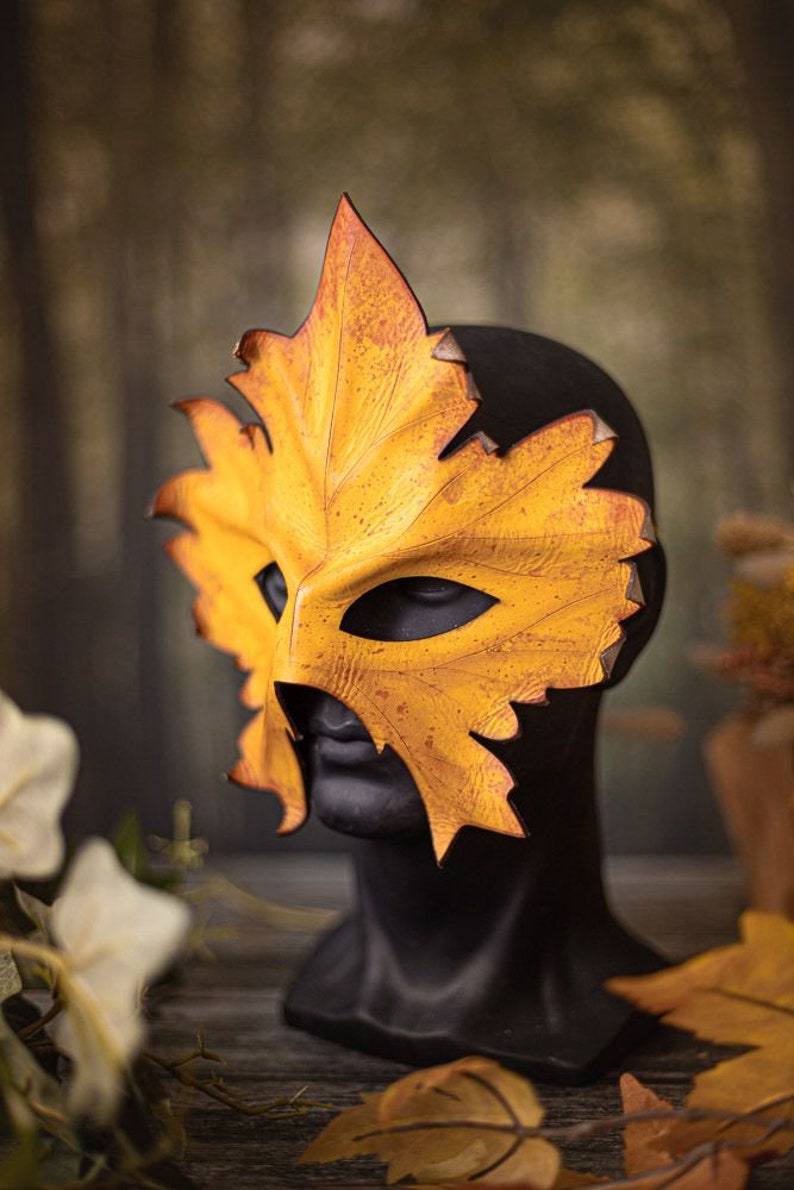 Leather Mask Druid Leaf Maple autumn natural wiccan masquerade Green Man image 3