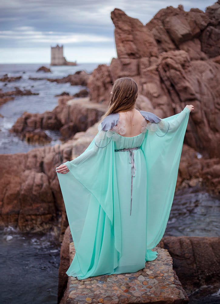 ocean princess dress Princess dress turquoise green algae Woman chiffon dress Mermaidcore marine ocean, Long Sleeves