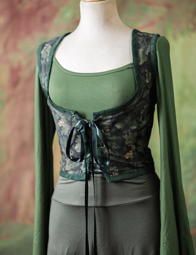 Renaissance bodice, Oak leaves cottagecore style corset vest, Druid dnd Wench regency steampunk imagem 2