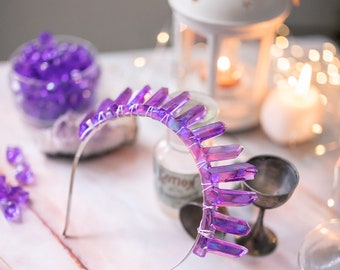 Crystal Quartz Resin Crown Tiara - Whimsigoth Amethyst Magical Headpiece with pressed flowers clear resin crystals and moon