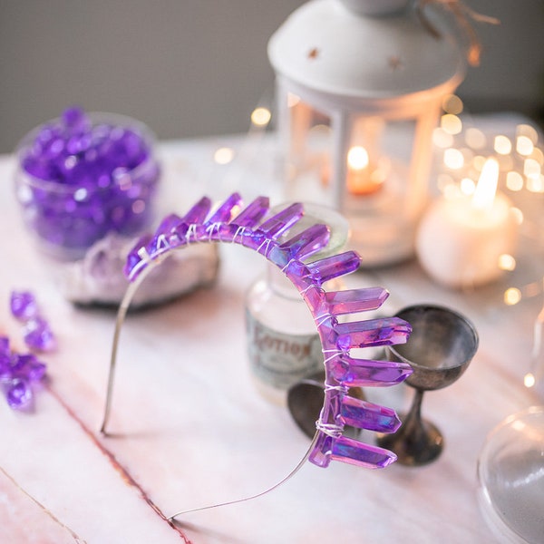 Crystal Quartz Resin Crown Tiara - Whimsigoth Amethyst Magical Headpiece with pressed flowers clear resin crystals and moon