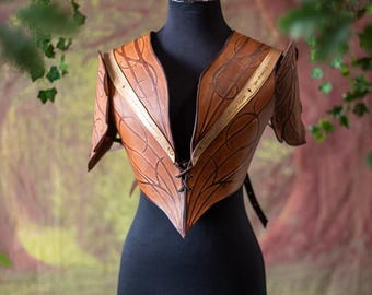 Handmade Brown Leather Elven Armor: Leaf Pauldrons, Engraved Poem