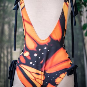 One Piece Swimsuit Beach Outfit Laced like a corset adjustable Monarch butterfly image 5