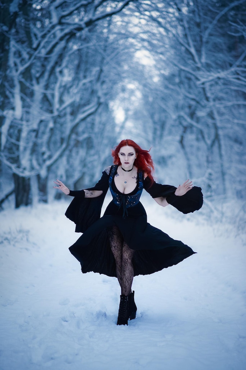 Black Elven Dress, Dark Forestcore Clothing, Elastic Rayon image 12
