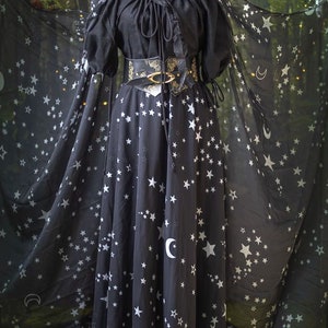 Black Stars & Moon cloak in vegan silk chiffon Celestial Fashion polyester cape with hood dark fantasy witch wizard costume back to black image 10