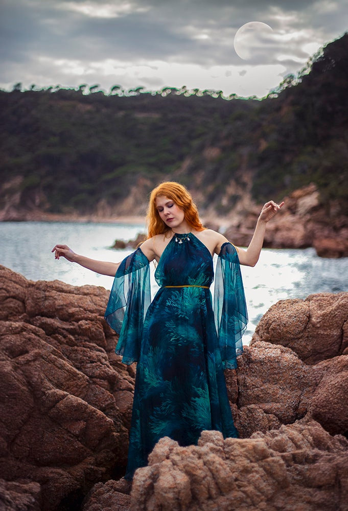 Halter dress blue and green algae Woman chiffon dress Mermaidcore marine ocean Halter dress blue and green algae Woman chiffon dress Mermaidcore marine ocean