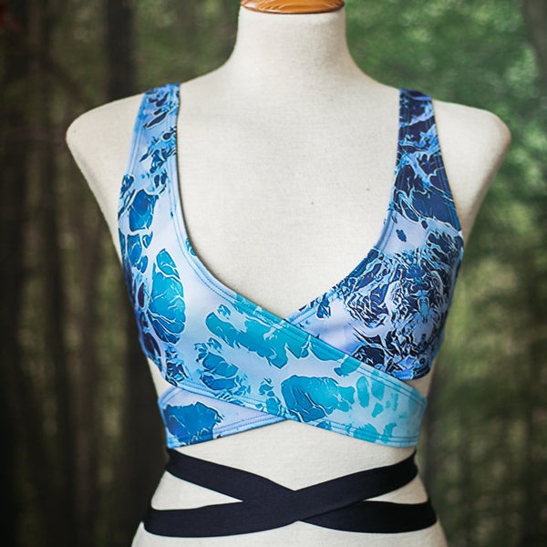 Bikini top swimwear mermaidcore sexy wrapped adjustable crop top bandadge yoga clothing Blue Ocean waves
