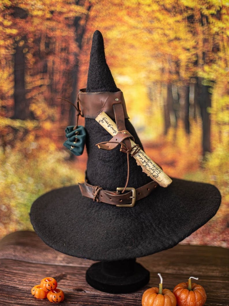 Alchemist witch hat adventurer larp magician forest wizard hat felted hat wool Halloween costume witch costume larp hat Black