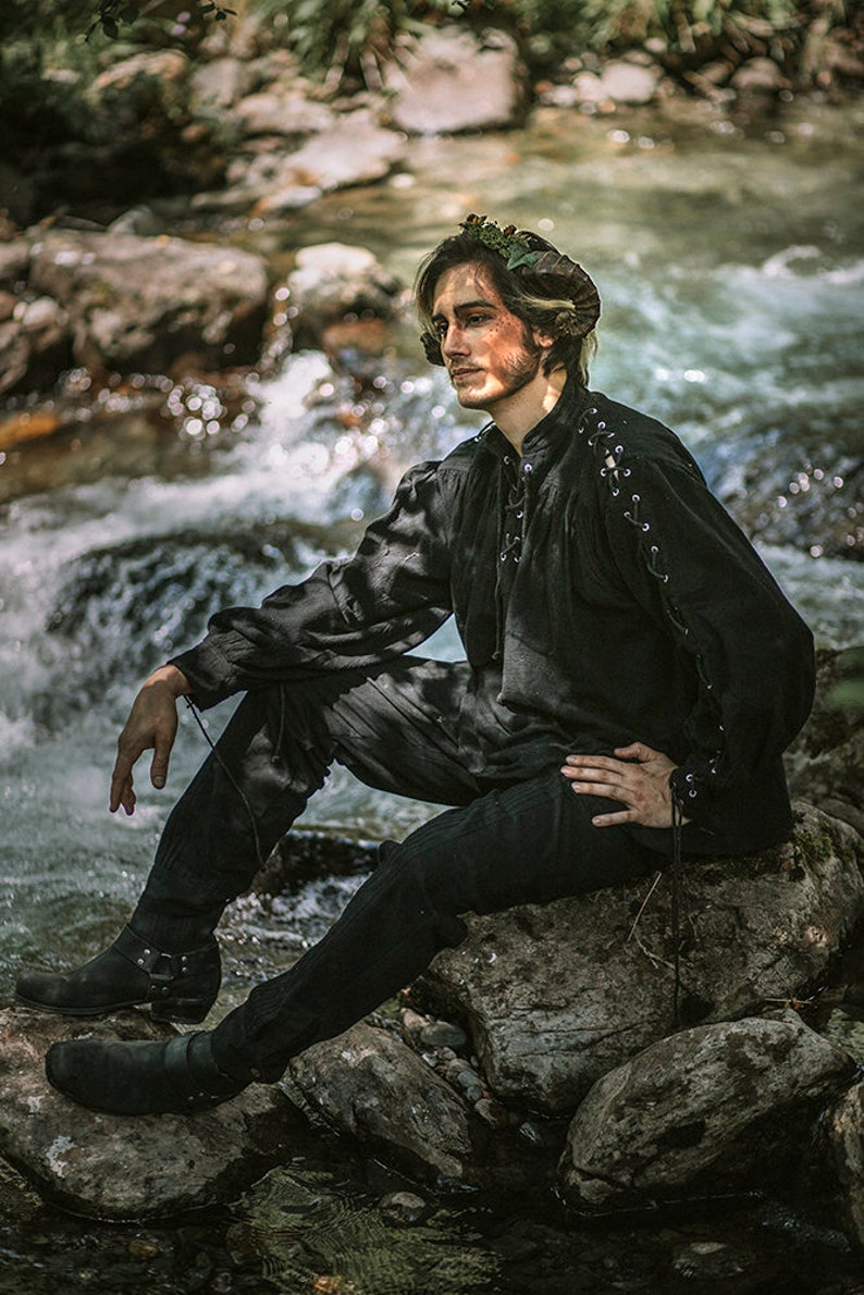 Steampunk Renaissance Fantasy Medieval Renaissance Costume Cosplay larp Men shirt Pirate black Cotton Shirt