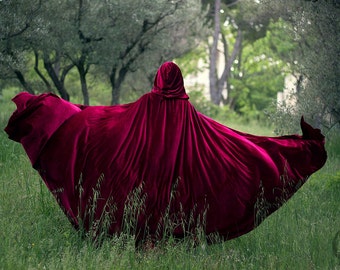 Burgundy Red Riding Hood stretch Velvet Cape Costume Cape Fairytale Fantasy Cloak in Red Medieval