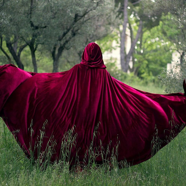 Burgundy Red Riding Hood stretch Velvet Cape Costume Cape Fairytale Fantasy Cloak in Red Medieval