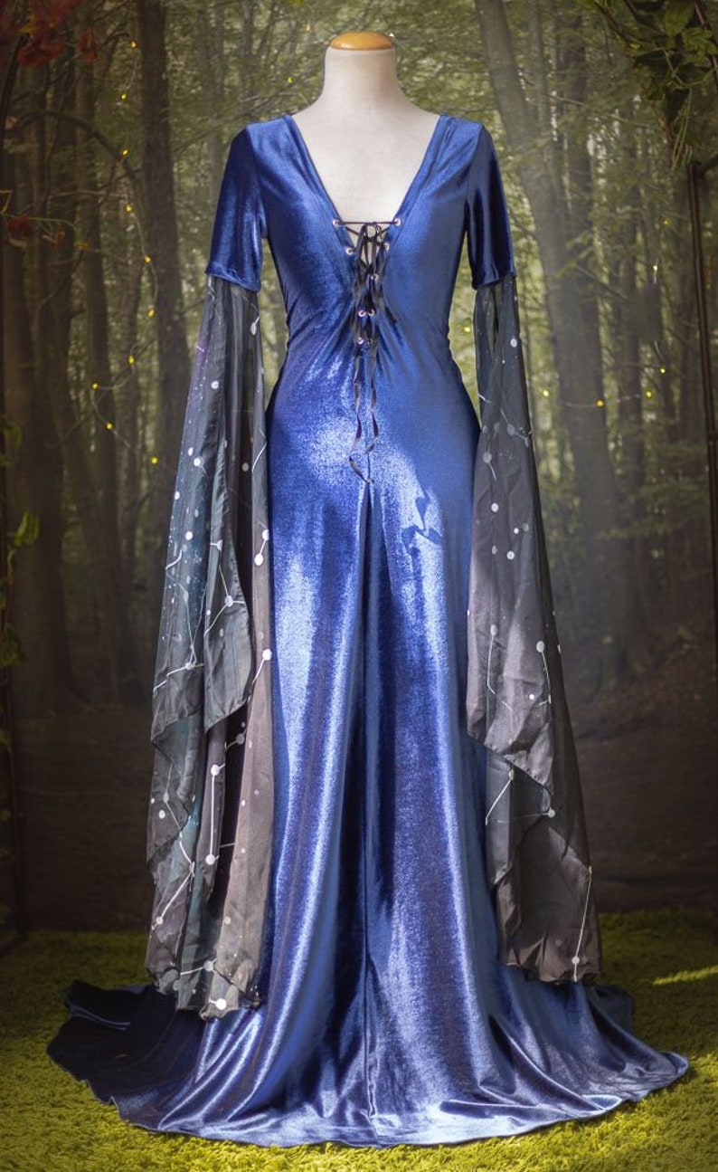 Medieval Fantasy Dress Blue Velvet Celestial Elven Gown Preraphaelite Dress constellations , Medieval, Pre Raphaelite, Gothic image 7