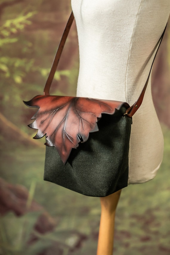 Elven Leaf Bag Fabric and Leather Autumn Nature Cottagecore Fall Form Black and Brown Druid Witch Inspired Handbag Shoulder Bag