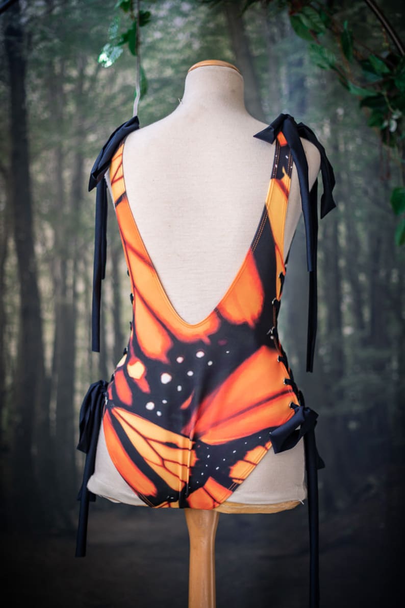One Piece Swimsuit Beach Outfit Laced like a corset adjustable Monarch butterfly image 4