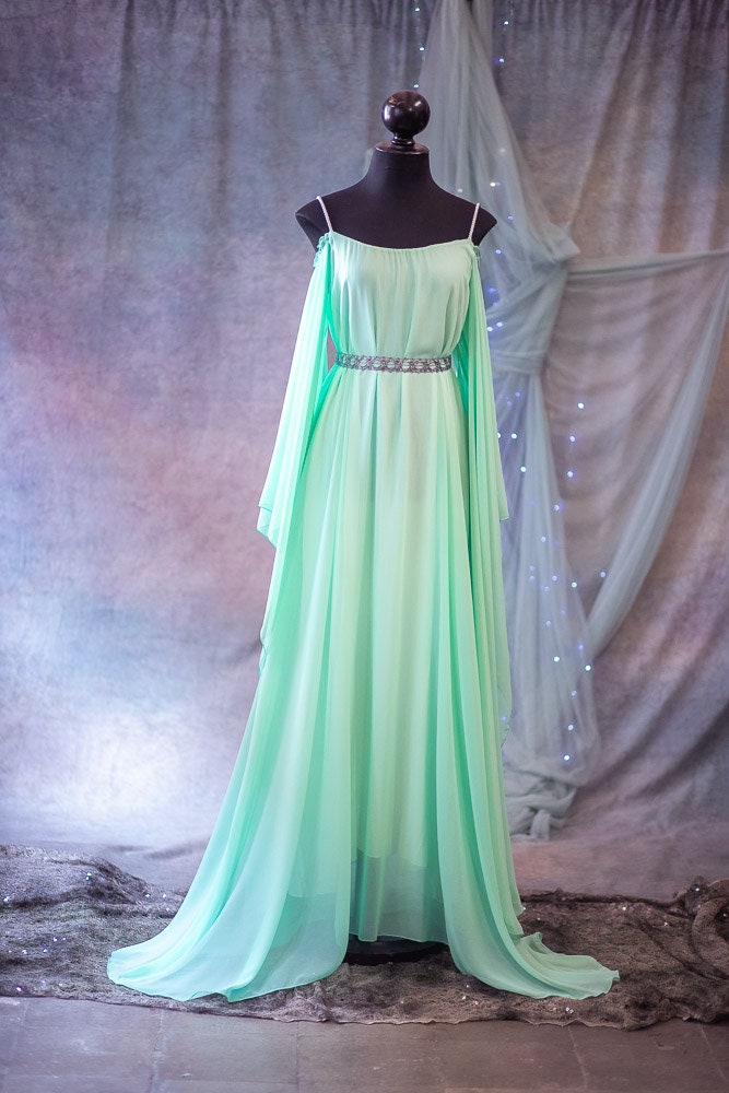 Princess Dress Turquoise Green Algae Woman Chiffon Dress Mermaidcore Marine Ocean, Long Sleeves