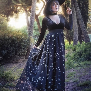 Stars & Moons Print Maxi Skirt Whimsigoth , Long Skirt Fairy Fantasy, Dark, Celestial Fashion Gothic, Black, stars, costume dance boho image 4