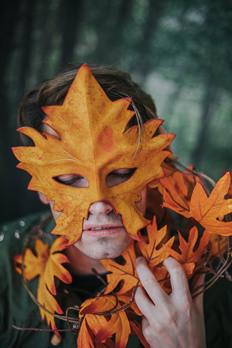 Leather Mask Druid Leaf Maple autumn natural wiccan masquerade Green Man image 4