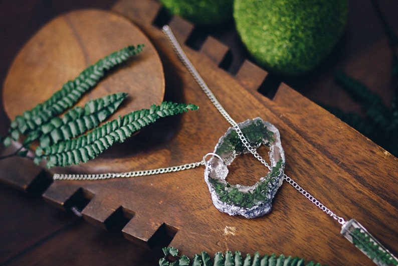 Fern necklace resin necklace Geode slice resin pendant crystal point im green pressed flower jewelry image 5