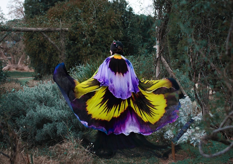 Flower cape floral cloak Pansy scarf shawl purple and yellow poncho convertible skirt image 5