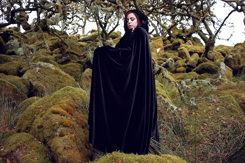 Black Cape stretch Velvet Costume Cape Fairytale Fantasy Cloak druid witch wicca medieval image 6