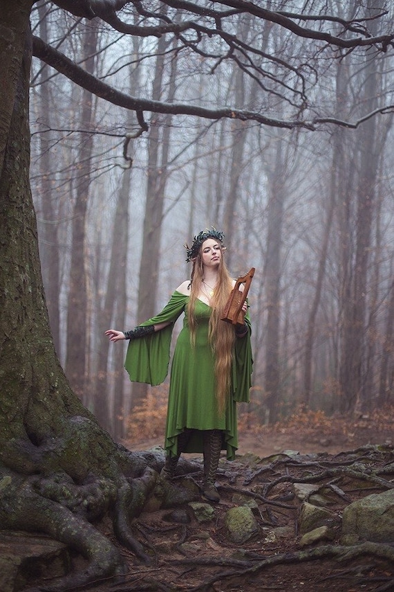 Elven dress , Elvish clothing , Forestcore green elastic dress adjustable