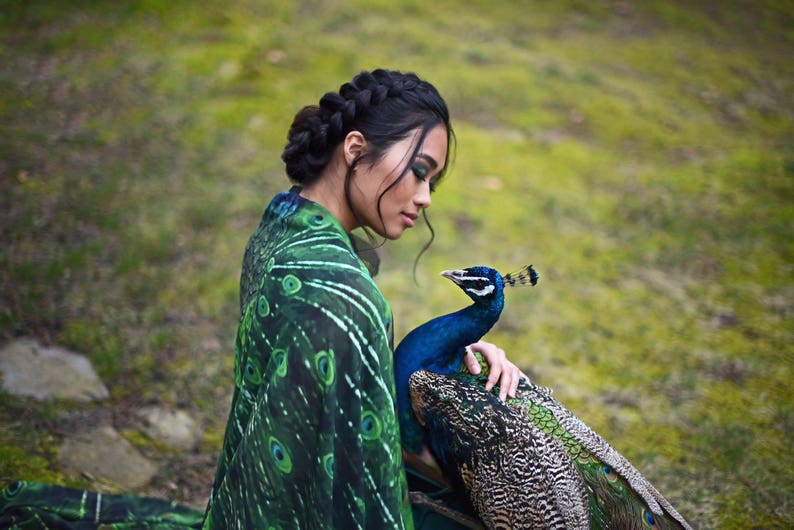 Cape peacock scarf Bohemian clothing cloak feathers print green sarong bird Festival Clothing image 2