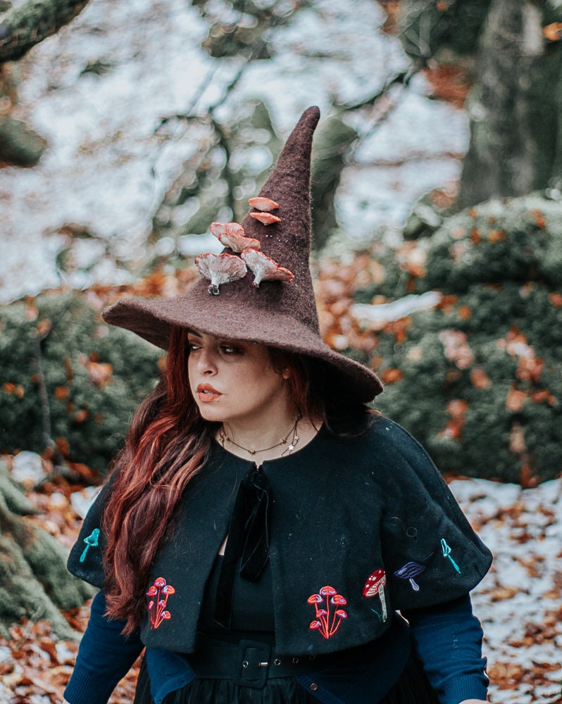 Felted Witch Hat With Mushrooms, Handmade Wool Wizard  display picture 3
