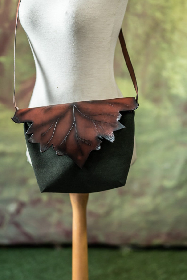 Elven leaf bag fabric and leather Autumn nature cottagecore fall form black and brown Druid witch inspired handbag shoulder bag image 3