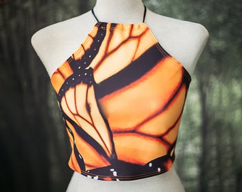 Bikini Halter top swimwear confortable adjustable crop top bandadge yoga clothing butterflies print monarch orange