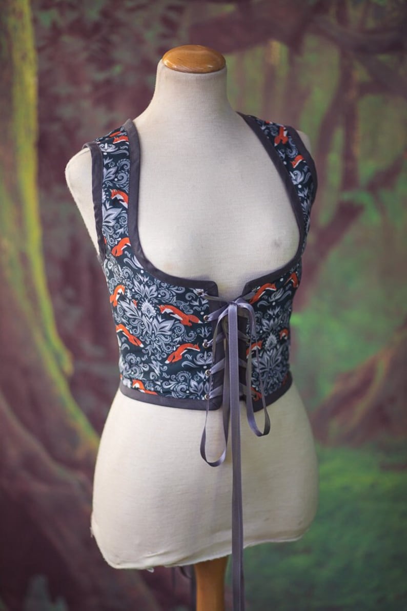 Fox bodice, William Morris style Renaissance corset flowers cottagecore style corset vest, Wench regency steampunk image 1
