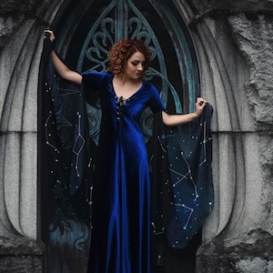 Medieval Fantasy Dress Blue Velvet Celestial Elven Gown Preraphaelite Dress constellations , Medieval, Pre Raphaelite, Gothic image 6