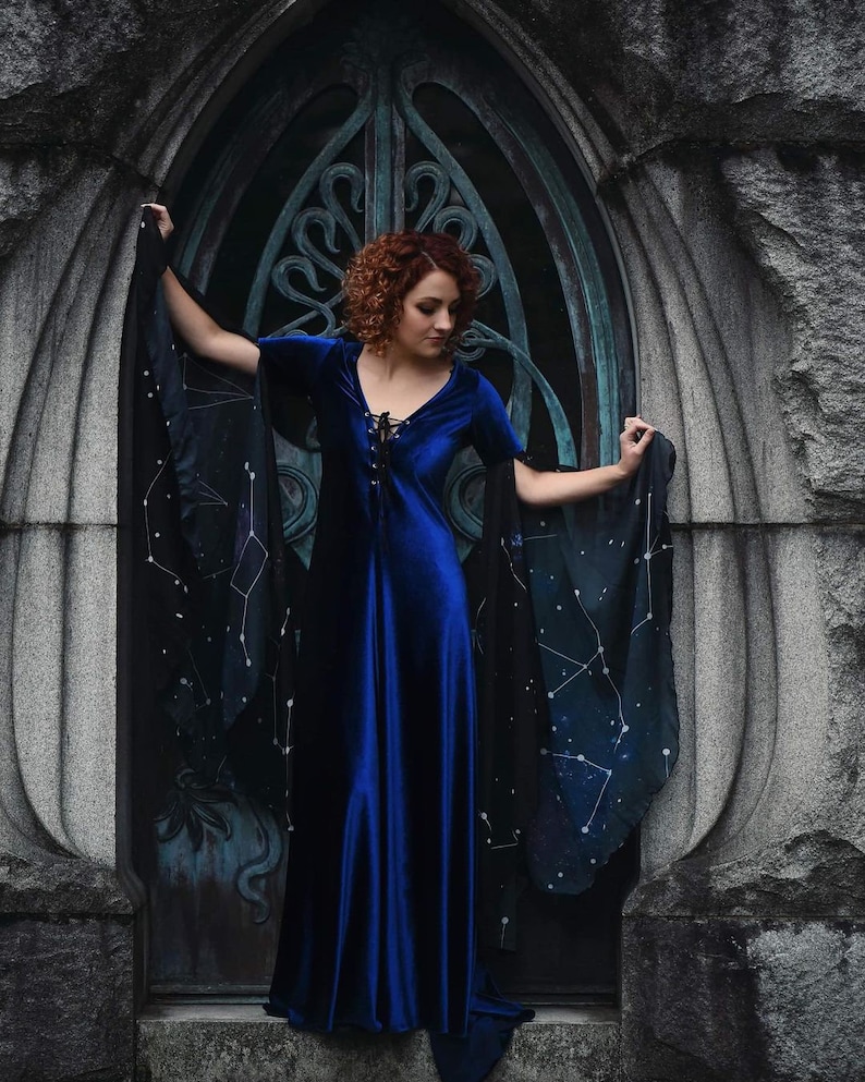 Medieval Fantasy Dress Blue Velvet Celestial Elven Gown Preraphaelite Dress constellations , Medieval, Pre Raphaelite, Gothic image 6