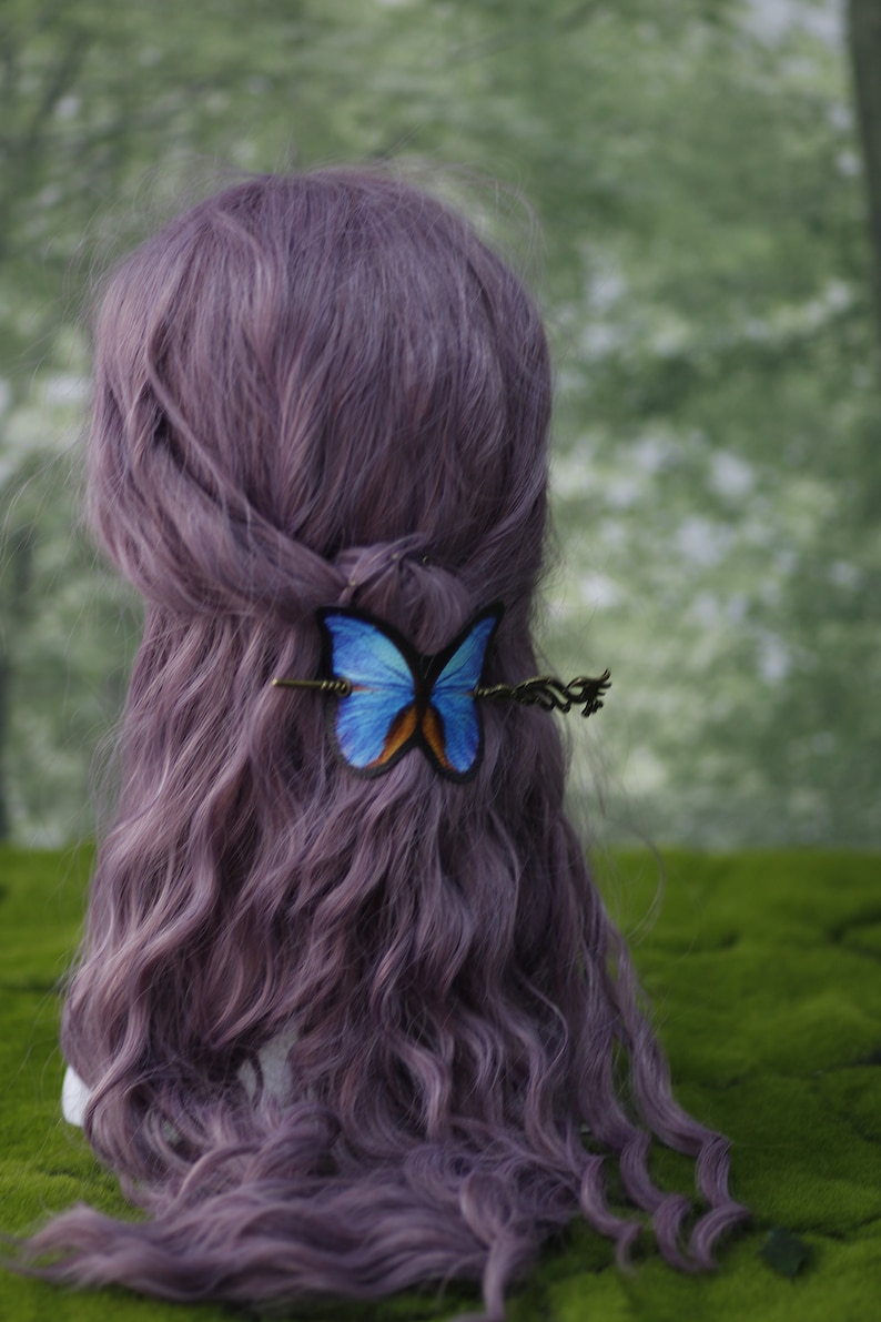 Blue Butterfly Hair Barrette in Vegan Leather blue morpho Autumn whimsical accessory head piece woodland cottagecore image 6